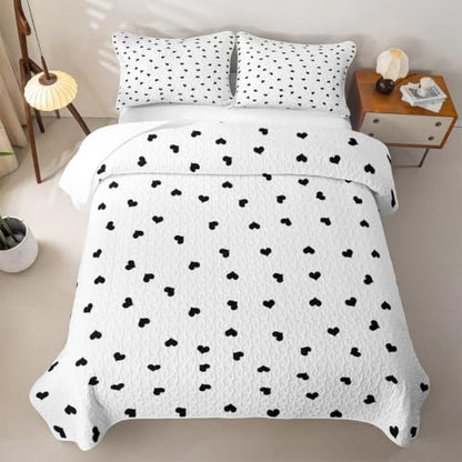 Sweet Heart Kids Quilt Set Full Size,Romantic Quilted Bedspread,Princess Style Quilted Coverlet with 2 Pillow Sham,Black White Bed Covers for All Season - color: Black White, size: Full