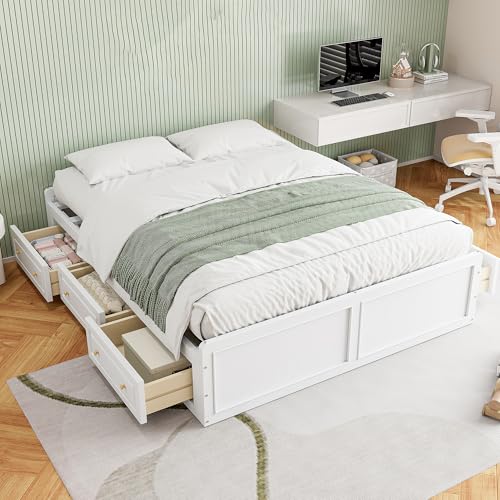 Merax Queen Size Platform Bed with 6 Storage Drawers, No Headboard, Space-Saving Bed Frame for Bedroom, Wooden Slats Support, No Box Spring Needed, Noise Free, White - color: White