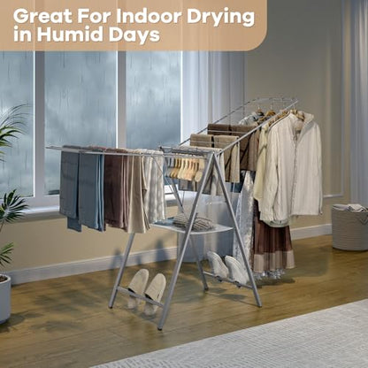 6 Height Adjustable Clothes Drying Rack with Shoe Slots, Grey | Pre-Assembled, Stable Load Structure, 22 Drying Rails, Foldable Space-Saving For Efficient Indoor & Outdoor Airflow Drying - color: Gray