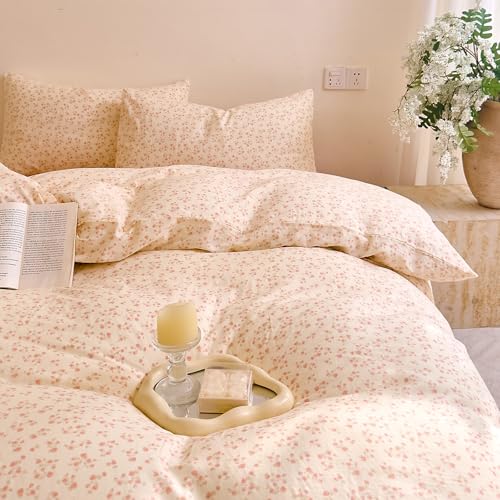 Pink Floral Duvet Full Size Cover Cotton Cute Comforter Cover Full Size Double Gauze Boho Cozy Zipper Duvet Cover Set with 2 Pillow Cases Soft Dorm Bedding Set for Girls Duvet Protector - color: C Floral09, size: Full(Duvet Cover and 2 Pillows Sham)