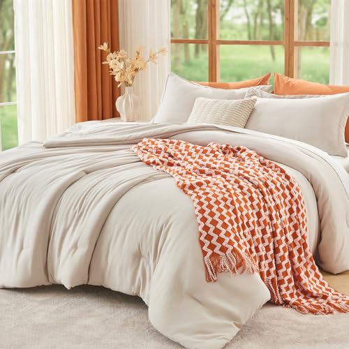 Queen Size Comforter Set Beige, 3 Piece Solid Bedding for All Seasons, Warm Down Alternative Bed Set Includes 1 Lightweight Comforter (90"x90") and 2 Pillowshams (20"x26") - color: 01 - Beige, size: Queen(90"x 90")