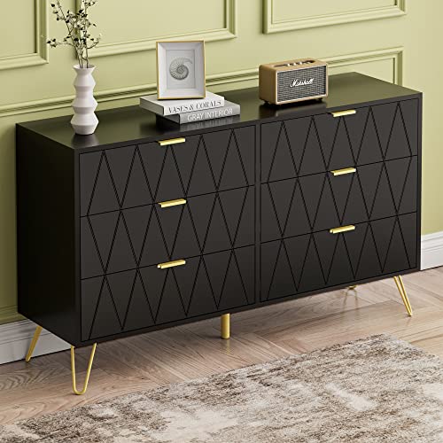 Anbuy Dresser for Bedroom Black 6 Drawer Dresser Chest of Drawers Wide Double Wood Storage Cabinet with Gold Handles - color: Black, size: 13.4"D x 47.54"W x 28.73"H(6 Drawers)