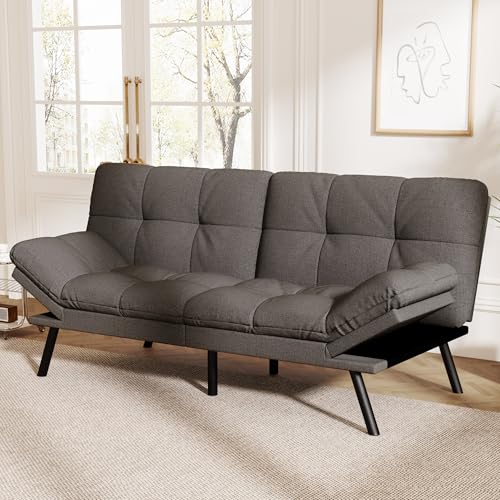 Vipbear Convertible Futon Sofa Bed,Grey Linen Futon Couch with Detachable Cushion,Adjustable Backrest & Armrest,Modern Small Recliner Loveseat Sleeper Couch for Living Room,Office,Apartment