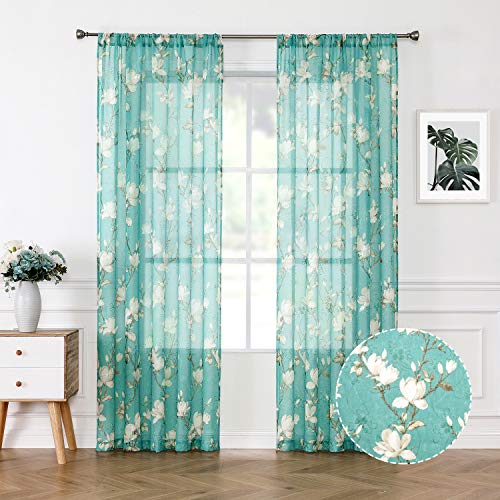 Tollpiz Floral Turquoise Short Sheer Curtains Flower Print Vine Embroidery Bedroom Curtain Rod Pocket Voile Window Curtains for Living Room, 54 x 45 inches Long, Set of 2 Panels - color: Turquoise, size: 54"W x 45"L (Pack of 2)
