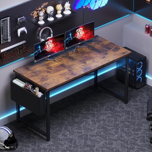 OLIXIS Computer Desk, 55 Inch Gaming Desks for Home Office Small Spaces | Writing Study Craft Work Table, Computer Workstation for Bedroom with Storage Bag, Rustic Brown - color: Brown Table Top &Black Legs, size: 55 Inch