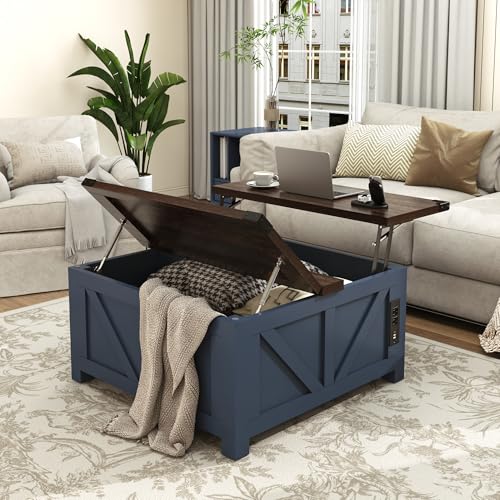 jimeimen Farmhouse Lift Top Coffee Table with Storage, Wood Square Center Table with Charging Station&USB Port, Living Room Table w/Large Hidden Space, for Living Room, Bedroom, Home Office, Blue - color: Blue