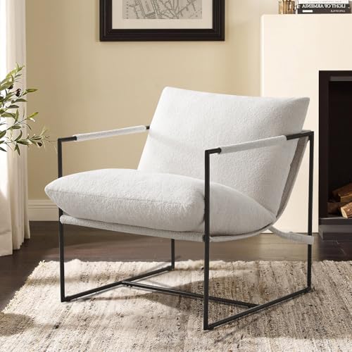 Furnilivng Large Sling Accent Chair, Comfortable Boucle Fabric Arm Chair, Upholstered Cozy Reading Chair for Living Room, Bedroom, Dressing Room, Home Office (White, Set of 1) - color: White, size: Set of 1