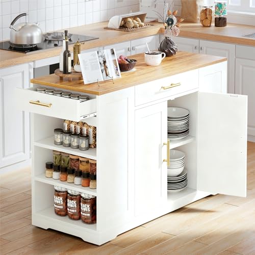 DWVO Large Kitchen Island with Trash Can Cabinet | 53 Inch Kitchen Island on Wheels, Rolling Island with Tilt‑Out Garbage Storage Fits 13 Gallon Bin - color: White