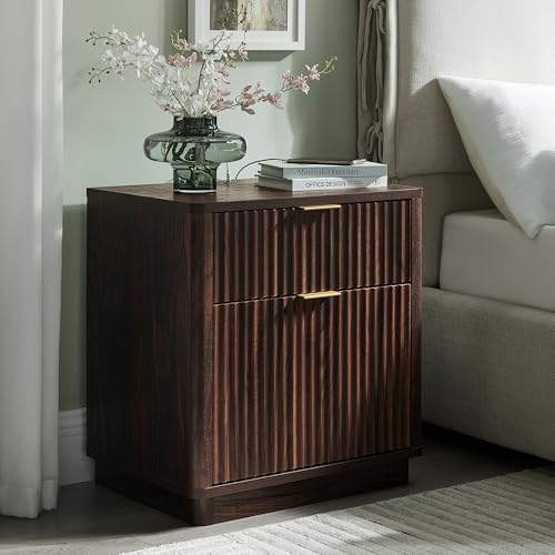T4TREAM 23'' Fluted Nightstand with Charging Station, Modern, Dark Walnut | Large 2 Drawer, Curved Profile, Mid-Century, Bedside Table with Storage, End Table for Living Room, Bedroom, Side Table - color: Dark Walnut