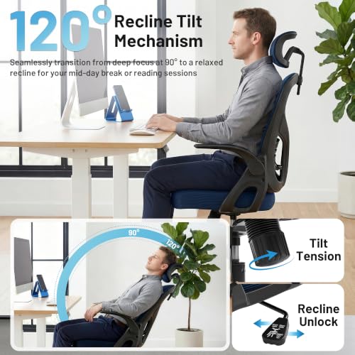 Office Chair Ergonomic Desk Chair with Adjustable Headrest Lumbar Support, High Back Breathable Mesh Chair with 120° Tilt & Flip-Up Armrests, Swivel Comfy Task Computer Chair for Work, Study - color: Navy