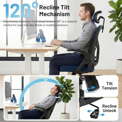 Office Chair Ergonomic Desk Chair with Adjustable Headrest Lumbar Support, High Back Breathable Mesh Chair with 120° Tilt & Flip-Up Armrests, Swivel Comfy Task Computer Chair for Work, Study - color: Navy