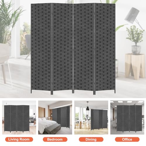 BLKMTY Room Divider, 6ft Folding Privacy Screens, Wall Divider Portable Room Seperating Freestanding Wood Screen, 4 Panels Hand-Woven Design Screen Double Hinged Dividers for Bedroom, Gray - color: Grey