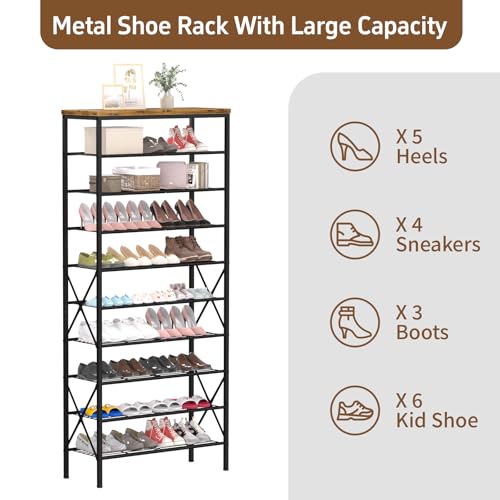10-Tier Tall Shoe Rack, Large Capacity Shoe Shelf Holds40-45 Pairs, Shoe Shelf for Entryway, Hallway, Living Room, Rustic Brown - color: Rustic Brown, size: 27.8" x 10.8" x 65.7"