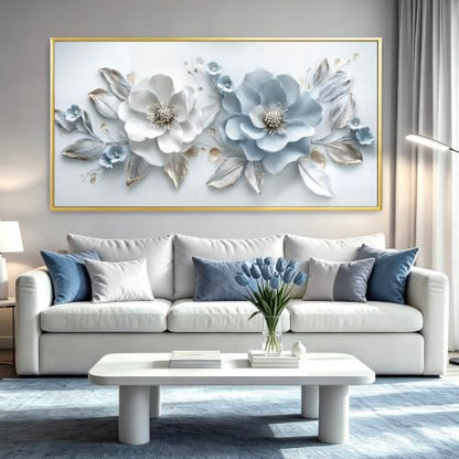 Phahey Ethereal Dreamy Light Blue Floral Wall Art, Framed & Ready to Hang with Hooks White Leaf Print 20"x40" - color: Light Blue Flower, size: 100L x 50W cm