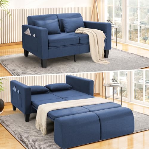 6-in-1 Convertible Sofa Bed, 58" Loveseat Sleeper Sofas, Blue | Pull Out Couch Bed with Removable Backrest, Storage Pockets and 2 Pillows, Modern Folding Linen Futon Couch for Small Spaces - color: Blue(58" W), size: 58" W