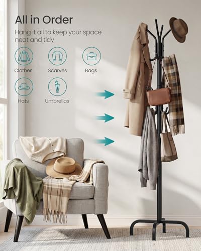 SONGMICS Coat Rack Freestanding with 16 Hooks, Metal Coat Tree Stand with 4 Adjustable Feet, Clothes Hanger Stand for Entryway Bedroom Living Room Hallway Office, Ink Black URCR083BH01S - color: Black, style: 16 hooks