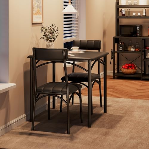 GarveeLife 3-Piece Dining Table Set for 2, Square Kitchen Table & Chairs | Upholstered, Space-Saving Square Kitchen Table Set, Compact Dining Room Furniture for Apartment, Studio - color: Black