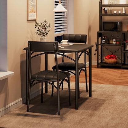 GarveeLife 3-Piece Dining Table Set for 2, Square Kitchen Table & Chairs | Upholstered, Space-Saving Square Kitchen Table Set, Compact Dining Room Furniture for Apartment, Studio - color: Black