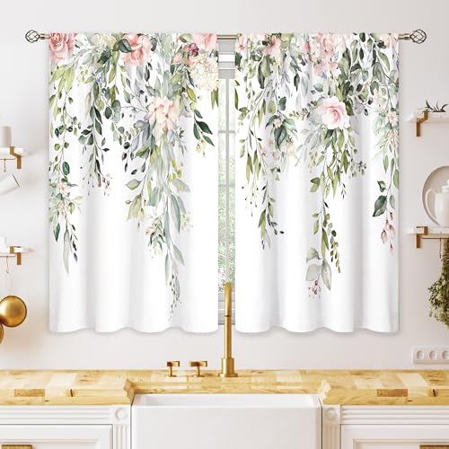 Pink Rose Eucalyptus Botanical Leaves Floral Kitchen Window Curtains Farmhouse Flower Leaf Small Window Treatment Sage Green Cafe Short Curtains for Bathroom Treatment Tier Drapes 26x30 inch - color: 04 Green Pink, size: 26"W x 30"L (Pack of 2)
