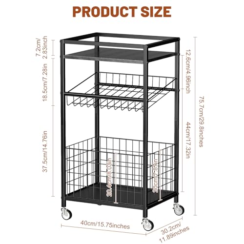 Fruit Vegetable Cart, 3-Tier Snack Cart on Wheels & Wood Top, Black | Vegetable Rack For Kitchen, Kitchen Cart Organizer for Fruit, Vegetables, Potato, Snack - color: Black, size: 3 Tier(12 in)