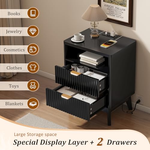 LYNCOHOME Fluted Nightstand with Charging Station, 19.7 inch Wide End Table with 2 Drawers, Modern Wood Bedside Table for Bedroom, Black,1 Pcs - color: Black, size: 15"D x 19.7"W x 25.5"H（2 Drawers）