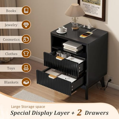 LYNCOHOME Fluted Nightstand with Charging Station, 19.7 inch Wide End Table with 2 Drawers, Modern Wood Bedside Table for Bedroom, Black,1 Pcs - color: Black, size: 15"D x 19.7"W x 25.5"H（2 Drawers）