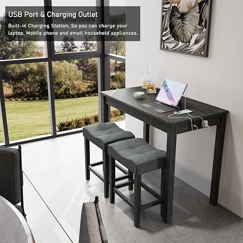 allamazing 3-Piece Counter Height Bar Table Set with Socket and 2 Fabric Padded Bar Stools, Tall Kitchen Breakfast Dining Table Set with Stools (1+2 Black) - color: 1+2 Black