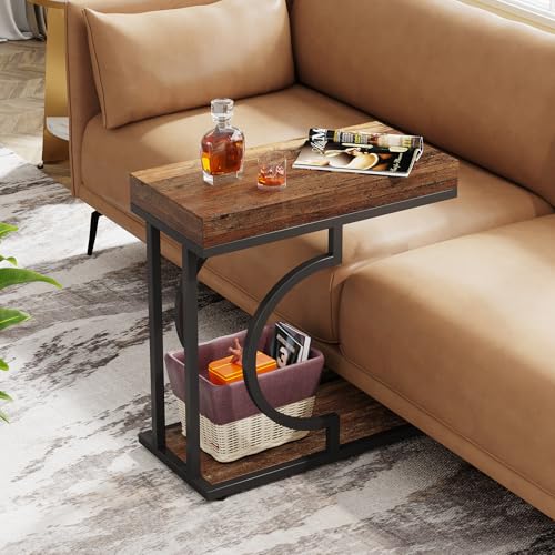 Tribesigns Side Table Set of 2 Narrow Side Table Brown Black C Shaped End Table Modern Bedside Tables for Couch, Small Sofa Tables with Metal Frame for Living Room (2, Rustic Brown+Black) - color: Rustic Brown+black