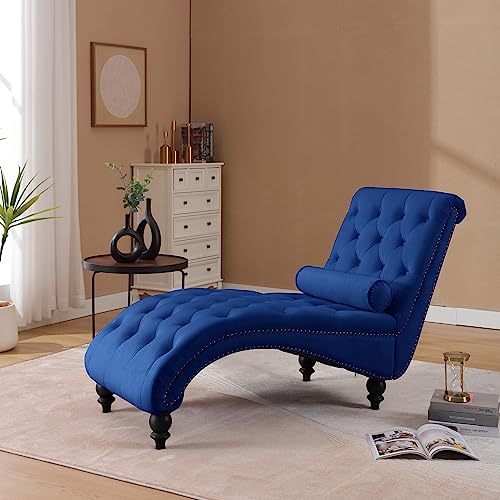 Button-Tufted Chaise Lounge Indoor, Velvet Chaise Lounge Chair with Legs & Toss Pillow, Armless Rolled Backrest Leisure Sofa Recliner for Living Room Bedroom (Navy) - color: Navy Velvet