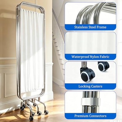 4-Panel Medical Privacy Screen, 79" W X 71" H Portable Room Divider with Lockable Wheels, Movable Stainless Steel Folding Room Partitions for Hospital, Clinic, Bedroom, Salon, White