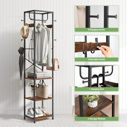 Coat Rack Freestanding, Hall Tree with 3 Shelves and 12 Hooks, Rustic Brown | Industrial Metal Frame, Space-Saving Design, Clothes Rack Stand Organizer for Bedroom, Hallway, Entryway, Office, Living Room - color: Rustic Brown