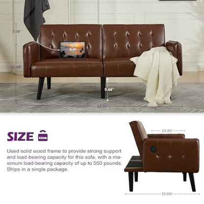 65'' Convertible Futon Sofa Bed with USB, Small Couch for Living Room | Sleeper Sofa and Loveseat, Adjustable Folding Couch with Tufted Design and 2 USB Ports, Bedroom Apartment Office, Brown - color: Brown