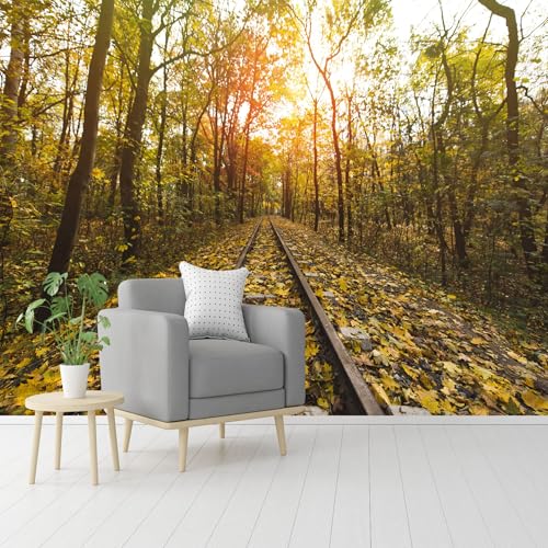 Custom Size Wall Murals， Autumn Forest Train Tracks，SelfAdhesive Removable Peel and Stick Wallpaper， for Living Room，Bedroom，Shop，Office，Kids