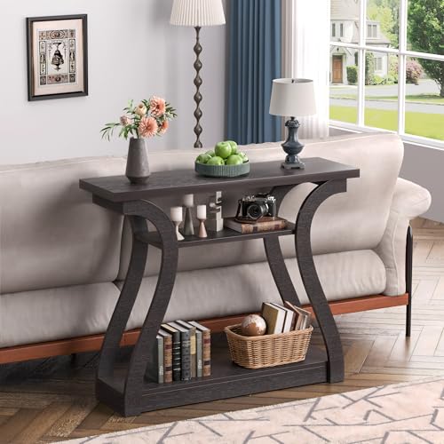 47" Narrow Console Table, Entry Table with Curved Legs, Sofa Table | Wood Console Table 3-tier Shelf Modern Accent Sofa Table for Entrance Area, Living room, Hallway (Brown) - color: Dark Brown