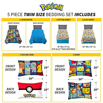 Pokémon Pikachu Twin Size Bedding, Kids Bedding Super Soft Cozy Reversible Comforter and Sheet Set with Sham, 5 Piece Twin Size, (Officially Licensed Product) by Franco - color: Pokemon, size: Twin