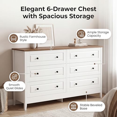 6 Drawer Chest of Drawers for Bedroom Living Room Entryway | Bedroom Furniture Chester, Stylish White Modern Painted Solid Wood Anti-Tip Design Closet Storage Organizer Easy Assembly