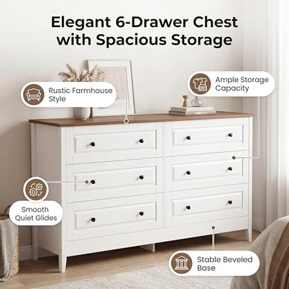6 Drawer Chest of Drawers for Bedroom Living Room Entryway | Bedroom Furniture Chester, Stylish White Modern Painted Solid Wood Anti-Tip Design Closet Storage Organizer Easy Assembly