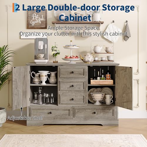 GarveeHome 47" Farmhouse Sideboard Buffet Cabinet, Sideboard Storage credenza with 5 Drawers and 2 Doors, Wood Coffee Bar Cabinet, Buffet Table for Dining Room Living Room, Grey - color: Grey
