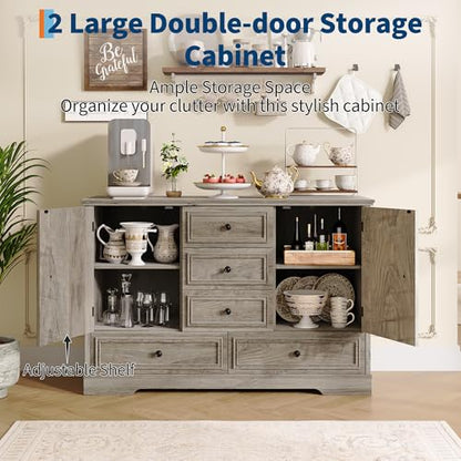 GarveeHome 47" Farmhouse Sideboard Buffet Cabinet, Sideboard Storage credenza with 5 Drawers and 2 Doors, Wood Coffee Bar Cabinet, Buffet Table for Dining Room Living Room, Grey - color: Grey