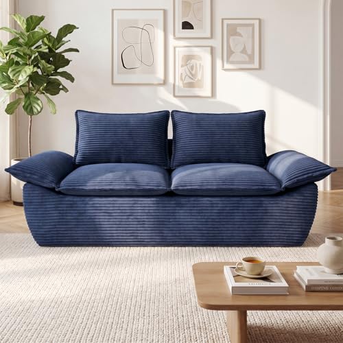 56" Boneless Loveseat, 2-Seater Boneless Sofa with Removable Cushions & 2 Pillows, Small Deep Seat Boneless Couch Compress Foam Sofa for Living Room, Apartments, & Office (Blue, Loveseat) - color: Blue, size: Loveseat（56")