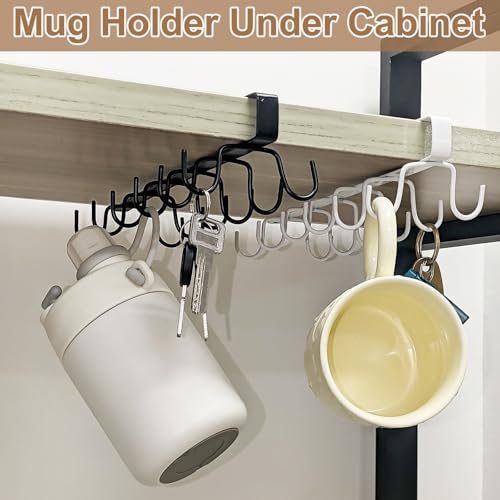 uxcell Mug Holder Under Cabinet, 10.6 Inch Hanging Hooks Mug Cup Holder Storage Organizer Rack with 12 Hooks for Coffee Bar Kitchen Utensil, White - color: White