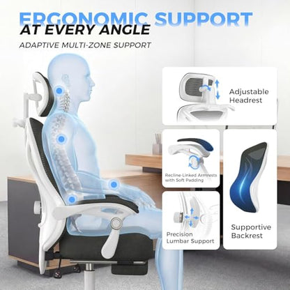 CYKOV Ergonomic Office Chair with Footrest - Adjustable Lumbar Support & Headrest, 90-135° Reclining Mesh Back Computer Chair - Home Office/Gaming, 350lbs Capacity | 4-Way Headrest (4.72" + 60°), 2-Way Lumbar (2" + 1.18"), 90-135° Recline, Breathable Mesh