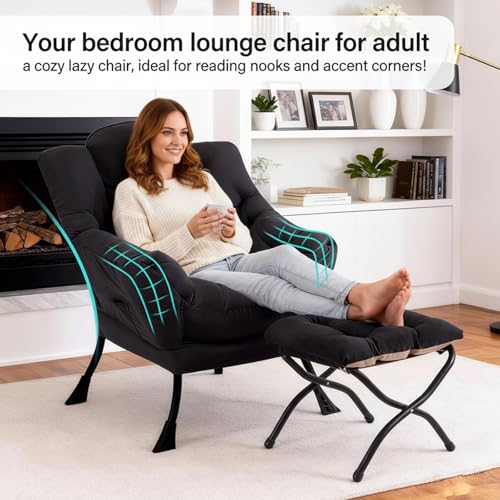 Lazy Chair with Ottoman, Reading Chair with Lumbar Pillow， Black | Comfy Accent Lounge Chair with Pillow & folding Foot Stool, sturdy metal frame for bedroom, dorm or apartment, Living Room - color: Black