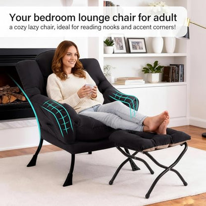 Lazy Chair with Ottoman, Reading Chair with Lumbar Pillow， Black | Comfy Accent Lounge Chair with Pillow & folding Foot Stool, sturdy metal frame for bedroom, dorm or apartment, Living Room - color: Black