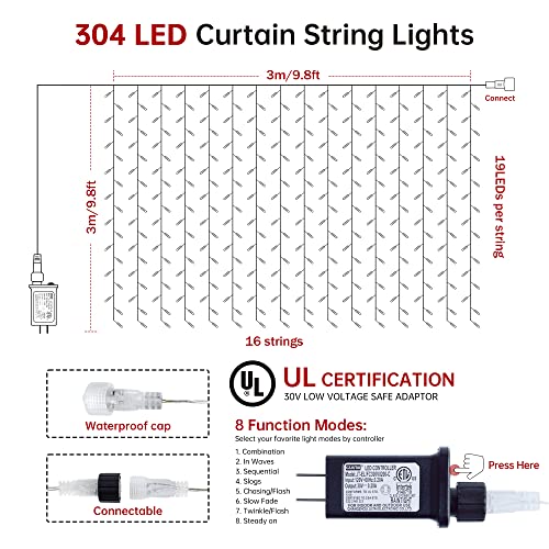 HEYFUNi Fairy Curtain Lights Plug in, 304 LED 9.8FT x 9.8FT 30V Multicolor | 8 Modes Backdrop Window Lights with Memory, Waterfall lights for Bedroom, Home, Wedding, Christmas, Party, Patio, Dorm Decor - color: Multicolor, size: 9.8ft*9.8ft