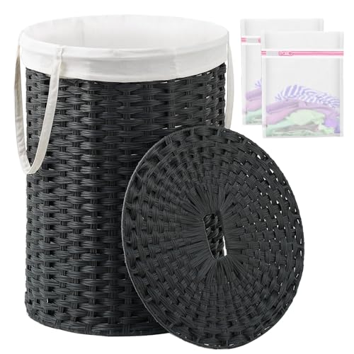 SETVSON Laundry Basket with Lid Round 29.1 Gal PE Rattan, Black | Family Clothes & Blanket Trunk with Lid, Removable Liner Bag with Handles, 2 Mesh Wash Bags, Collapsible Steel Frame - color: Black, size: 110 L