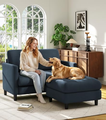 Welzona Loveseat Sofa with Ottoman, 51" Small L Shaped Teddy Couch Sofa | Comfy Teddy Fabric, Tool-free Setup, Washable Covers, All-wood Couch Sets for Living Room, Bedroom, Small Spaces, Blue Grey - color: Blue Grey, size: loveseat & ottoman