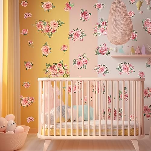 Pink Flowers & Green Leaves Wall Decals - Removable Peel & Stick Garden Floral Wall Stickers for Bedroom & Living Room - color: Pink