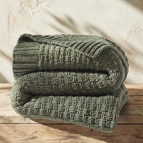 EVERGRACEHOME Chunky Chenille Knit Throw Blanket, Dried Thyme Green, 50x60 | Basketweave Chenille Knit, OEKO-TEX Certified, Lightweight Warmth, Modern Farmhouse, Decorative Throw for Couch, Bed & Sofa - color: Dried Thyme Green, size: 50" x 60"