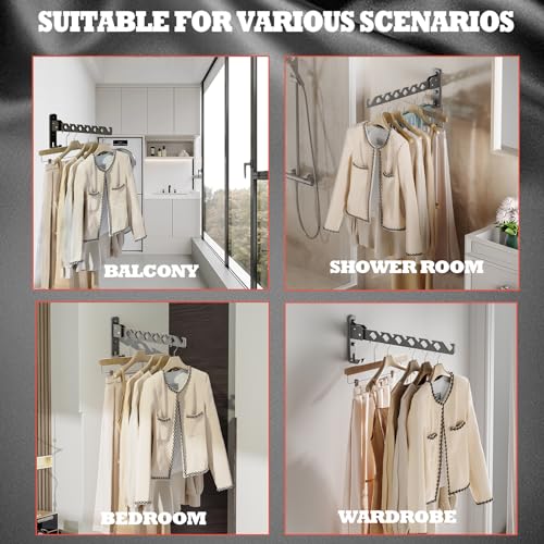 Dr.DJ Wall Mount Coat Hanger Holder Black Clothes Drying Organizer Rack Garment Hooks Aluminium Retractable Folding Indoor Wall Mounted Hanger for Laundry Room Bedroom Black 2Pack with 80cm Rod - color: Black 2racks+rod